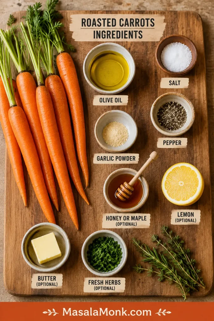 Carrots, olive oil, salt, pepper, honey, maple syrup, lemon, herbs, and butter arranged for making roasted carrots.