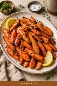 Roasted carrot pieces on a cream platter with browned edges, fresh herbs, lemon wedges, and a light glossy finish.
