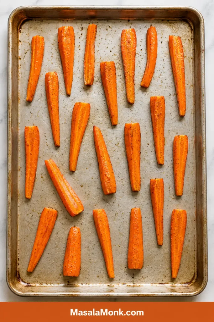 Carrot pieces spread in a single layer with visible space between them on a rimmed sheet pan.