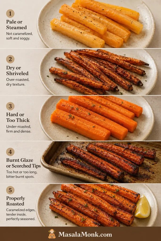 Five-panel troubleshooting guide showing pale steamed carrots, dry shriveled carrots, hard thick carrots, burnt glazed carrots, and properly roasted carrots.
