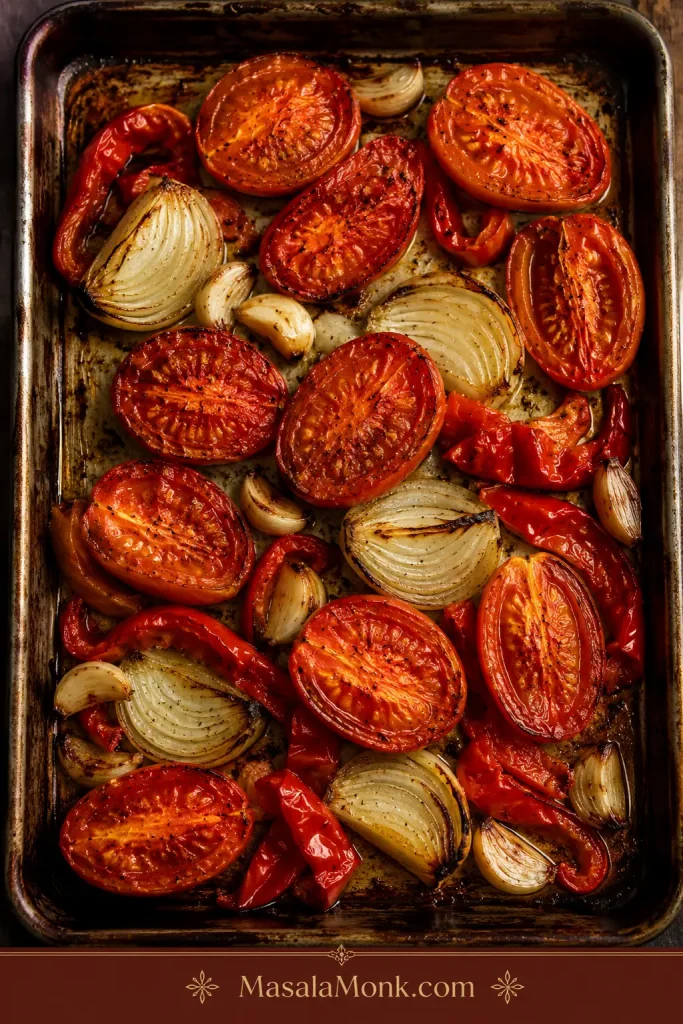 Roasted tomatoes, onions, garlic, and red pepper on a sheet pan.