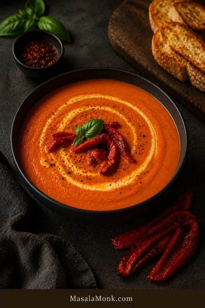 Bowl of roasted red pepper tomato bisque with roasted red pepper strips on top and beside the bowl.