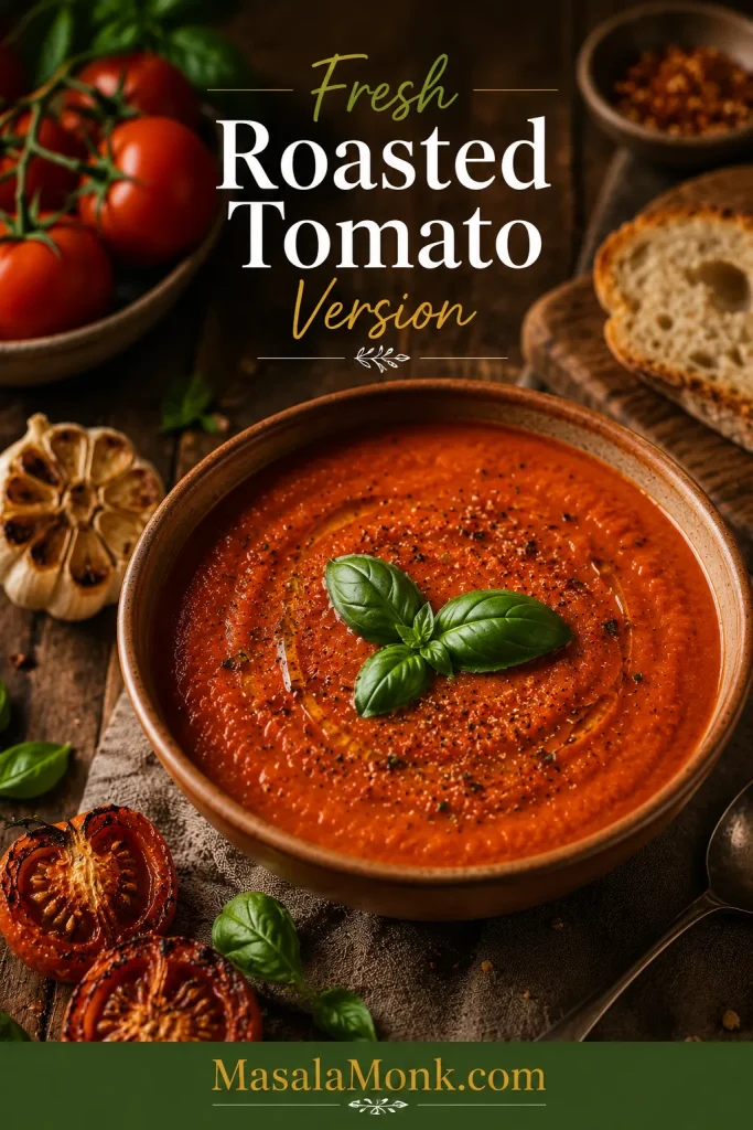 Bowl of roasted tomato basil soup made with fresh tomatoes, garnished with basil in a rustic setting.