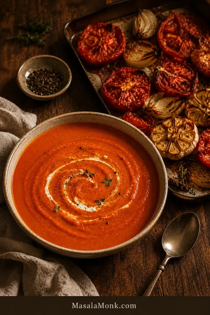 Bowl of roasted tomato bisque beside a tray of roasted tomatoes, onions, and garlic.