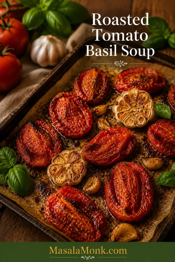 Roasted tomatoes and garlic on a baking sheet with concentrated juices for roasted tomato basil soup.