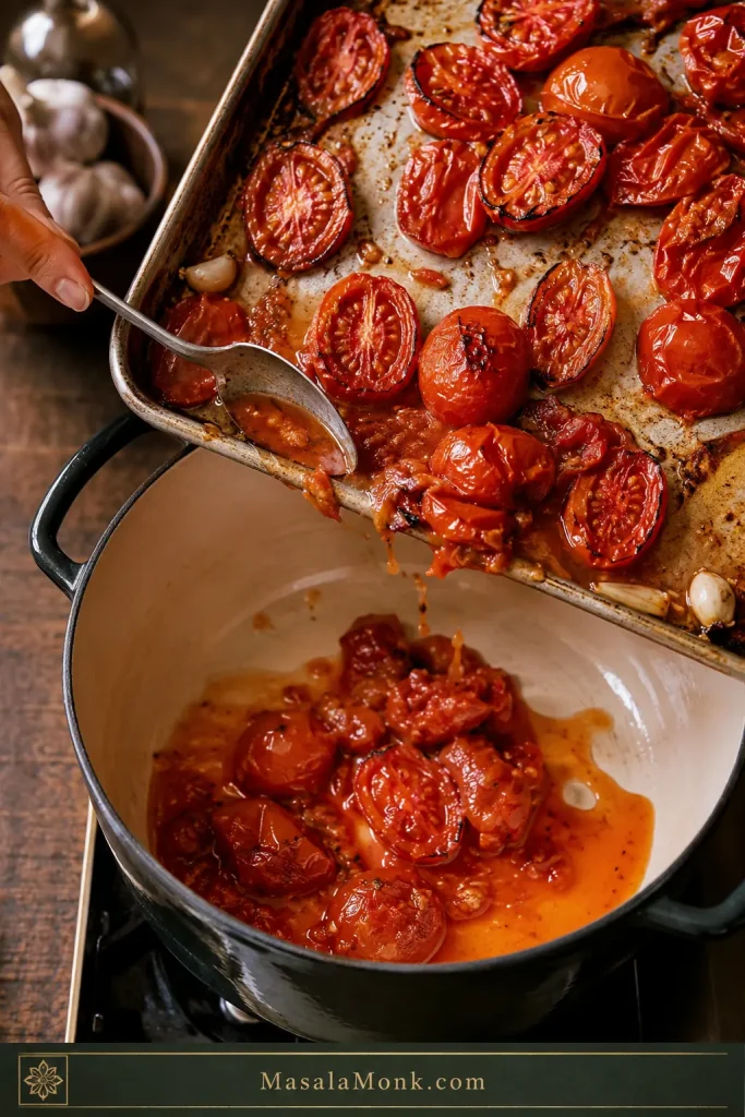 Roasted tomatoes and juices being transferred from a sheet pan into a pot.