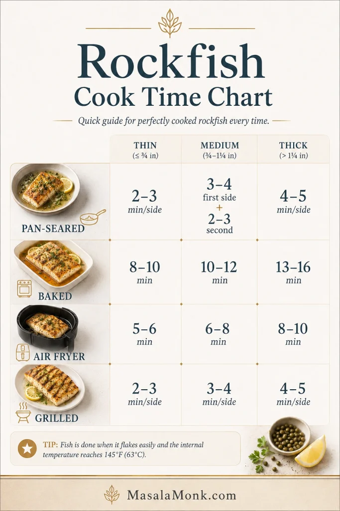 Rockfish cook time chart comparing pan-seared, baked, air fryer, and grilled fillets by thickness.