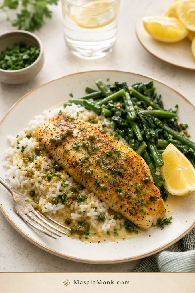 Pan-seared rockfish served with rice, green vegetables, capers, herbs, lemon, and lemon butter sauce.