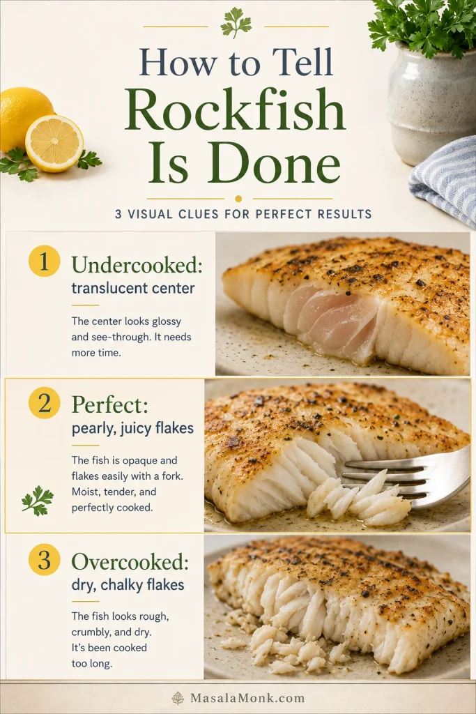 Rockfish doneness guide showing undercooked, perfectly cooked, and overcooked fish textures.