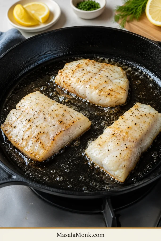 Three rockfish fillets searing in a skillet with visible space between each piece.