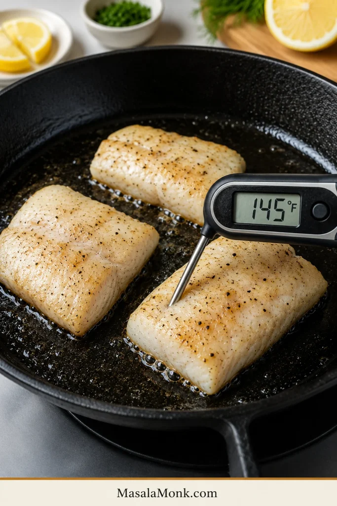 Instant-read thermometer inserted into cooked rockfish showing 145°F.