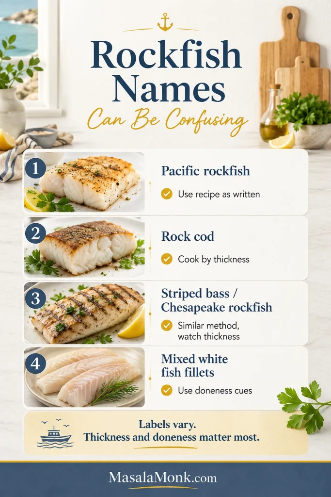 Guide showing common rockfish names including Pacific rockfish, rock cod, striped bass, Chesapeake rockfish, and white fish fillets.