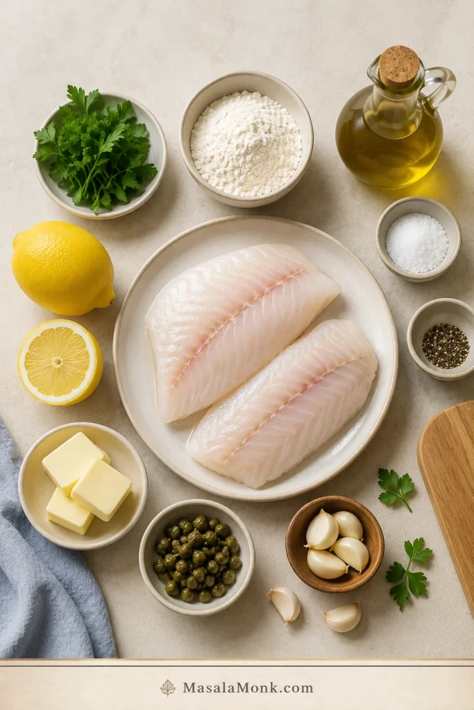 Ingredient board with raw rockfish fillets, lemon, butter, garlic, capers, herbs, flour, oil, salt, and pepper.
