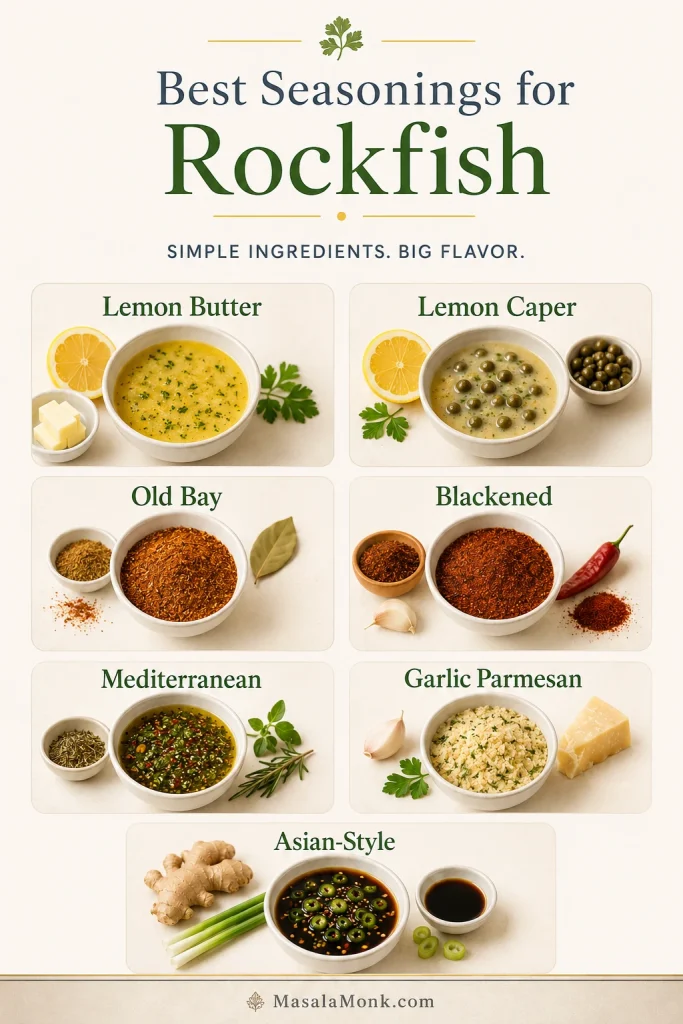 Rockfish seasoning guide with lemon butter, lemon caper, Old Bay, blackened, Mediterranean, garlic parmesan, and Asian-style options.