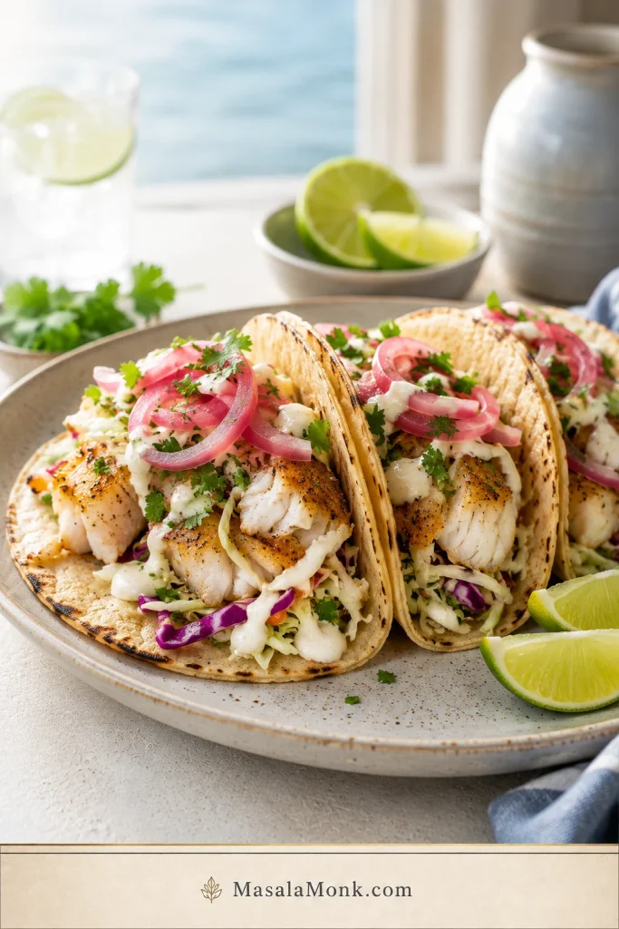 Rockfish tacos with flaked white fish, cabbage slaw, crema, cilantro, pickled onions, and lime wedges.