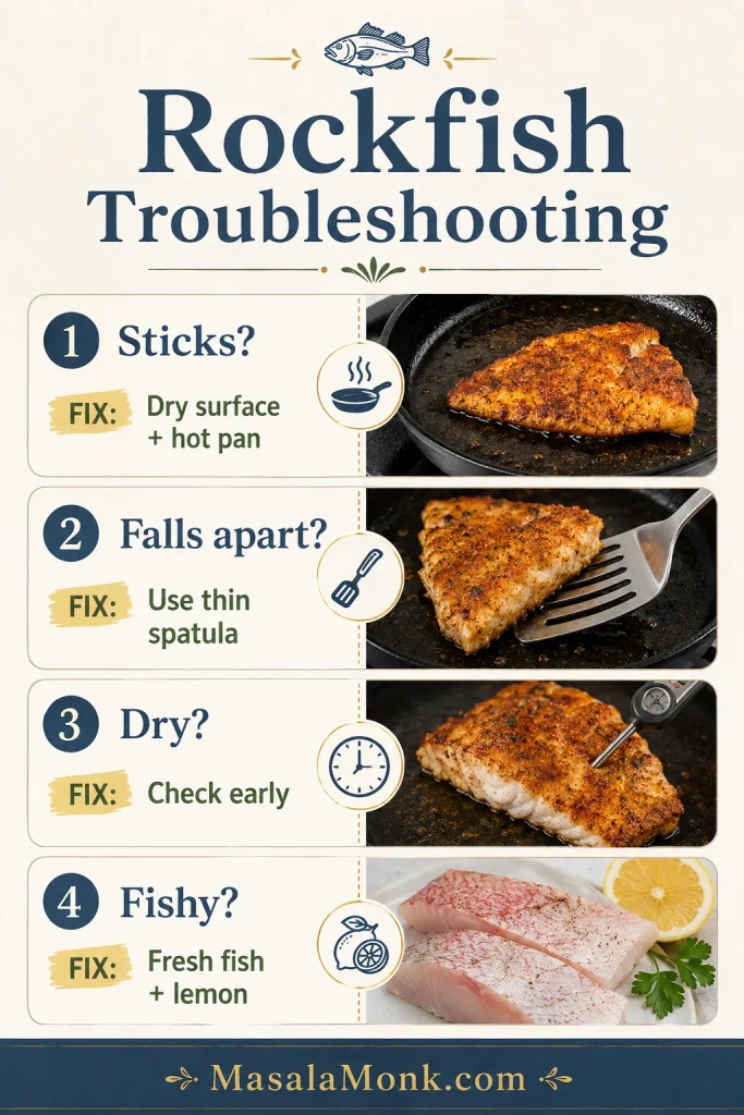 Rockfish troubleshooting guide with fixes for sticking, falling apart, dryness, and fishy flavor.