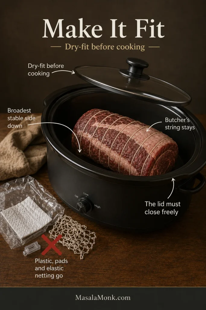 Tied rolled brisket positioned inside an oval slow cooker beneath a raised lid, with plastic wrapping, clips and elastic netting marked for removal.