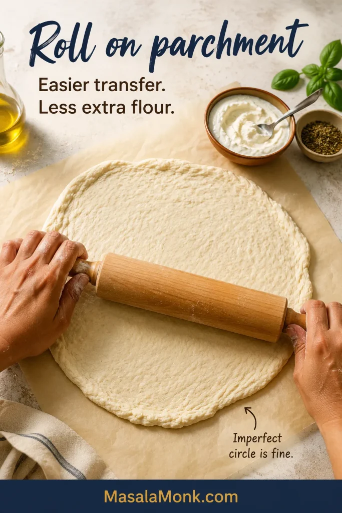 Greek yogurt pizza dough being rolled on parchment into a slightly uneven circle with a wooden rolling pin.