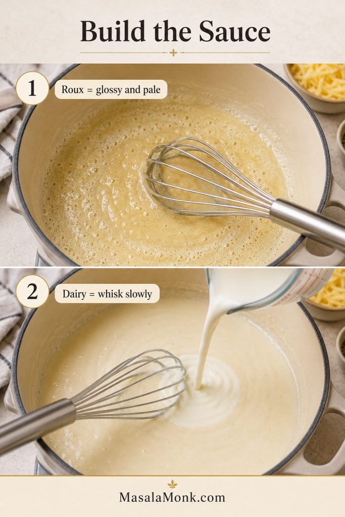 Two-panel process guide showing a pale roux and milk or cream being whisked into sauce for lobster mac and cheese.
