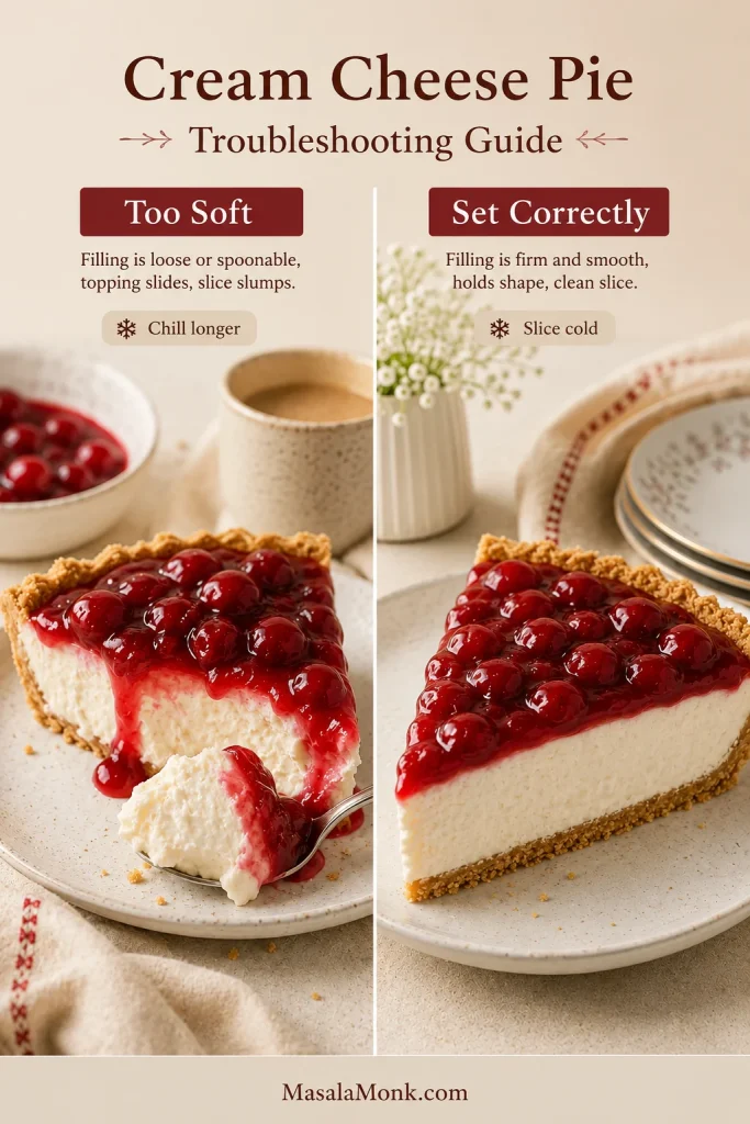 Troubleshooting guide comparing a too-soft cream cheese pie slice with a properly set cream cheese pie slice.