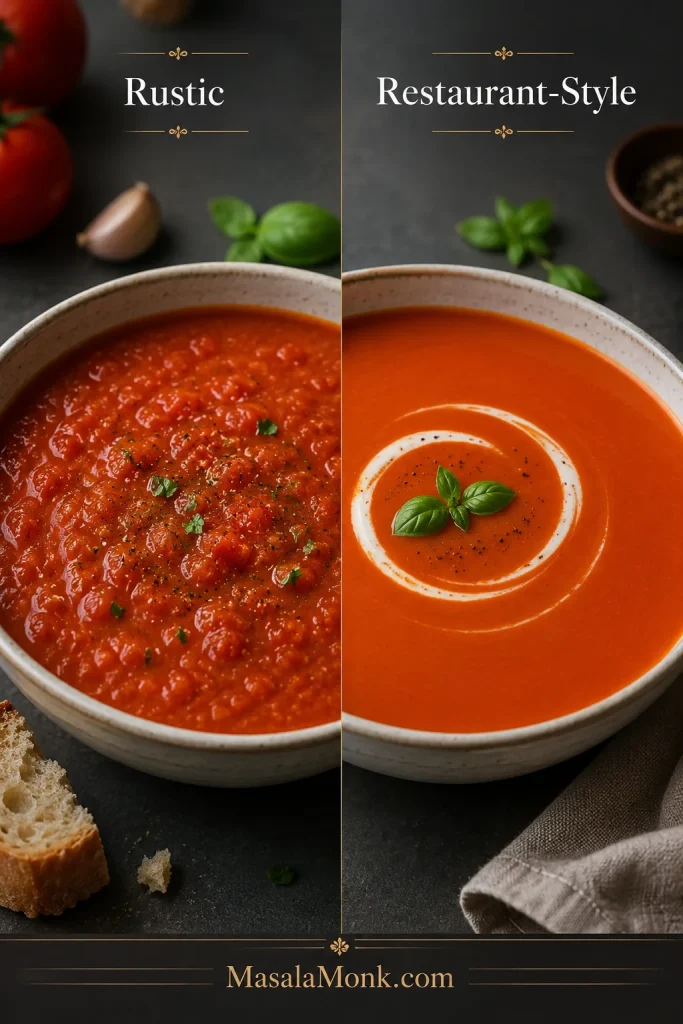 Two bowls comparing rustic tomato soup and smooth restaurant-style tomato soup.