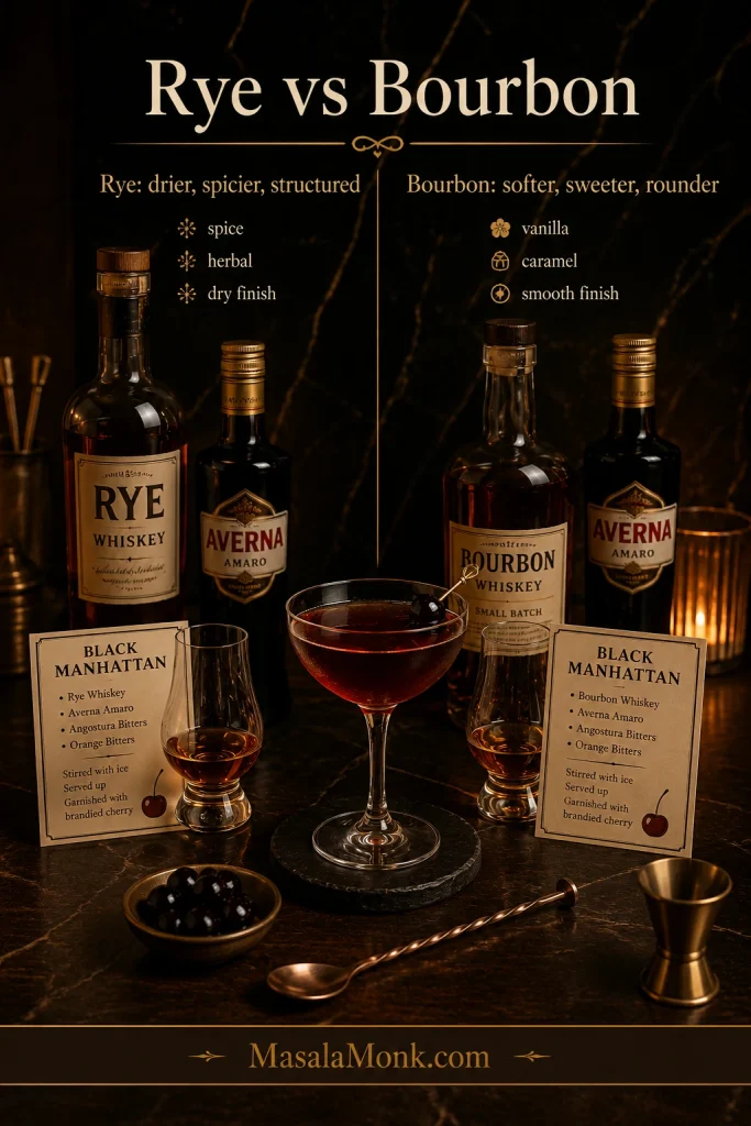 A rye versus bourbon comparison board for a Black Manhattan with bottles, tasting glasses, a finished cocktail, cherries, and flavor notes.