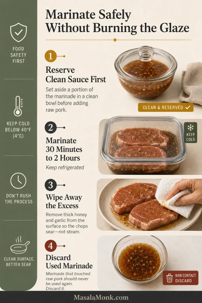 Four-step safety guide showing clean sauce reserved separately, raw pork refrigerated in marinade, excess marinade wiped away and used marinade discarded.