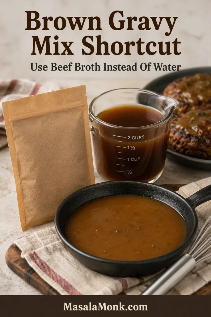 Brown gravy mix packet with beef broth and brown gravy for a Salisbury steak shortcut.