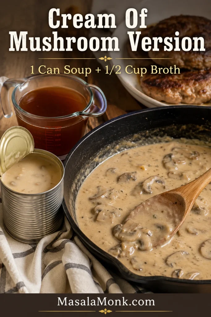 Cream of mushroom soup, beef broth, and creamy mushroom gravy for Salisbury steak.