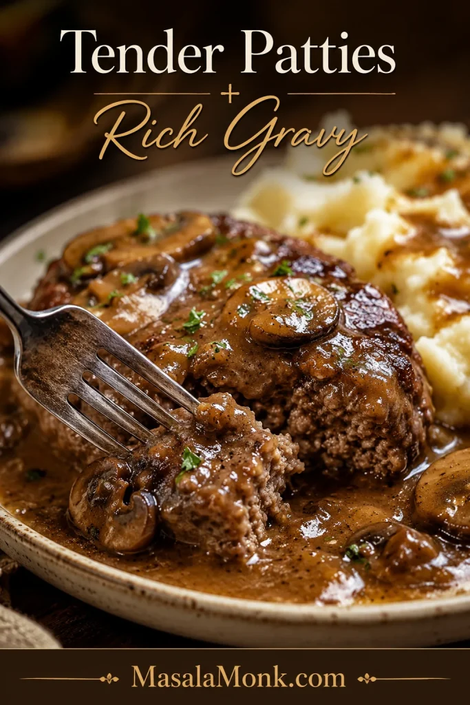 Fork cutting into Salisbury steak with mushroom gravy and mashed potatoes in the background.