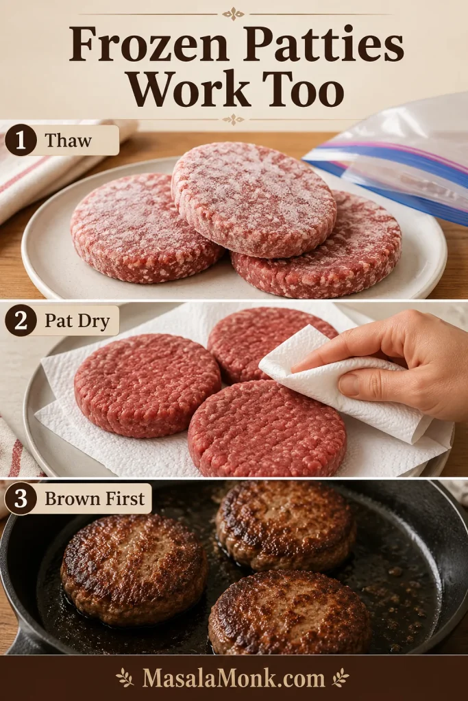Shortcut guide showing frozen patties, thawed patties, and browned patties for Salisbury steak.