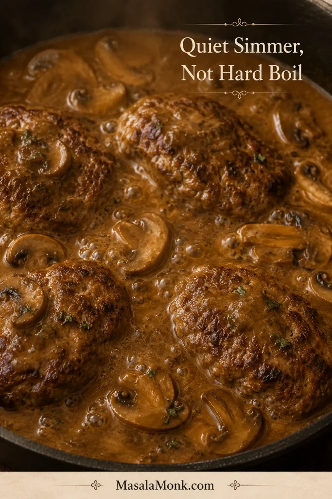 Salisbury steak patties gently simmering in mushroom gravy with small bubbles.