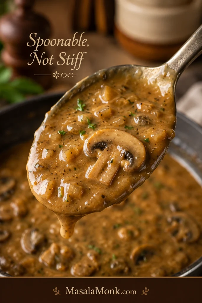 Mushroom onion gravy coating the back of a spoon.