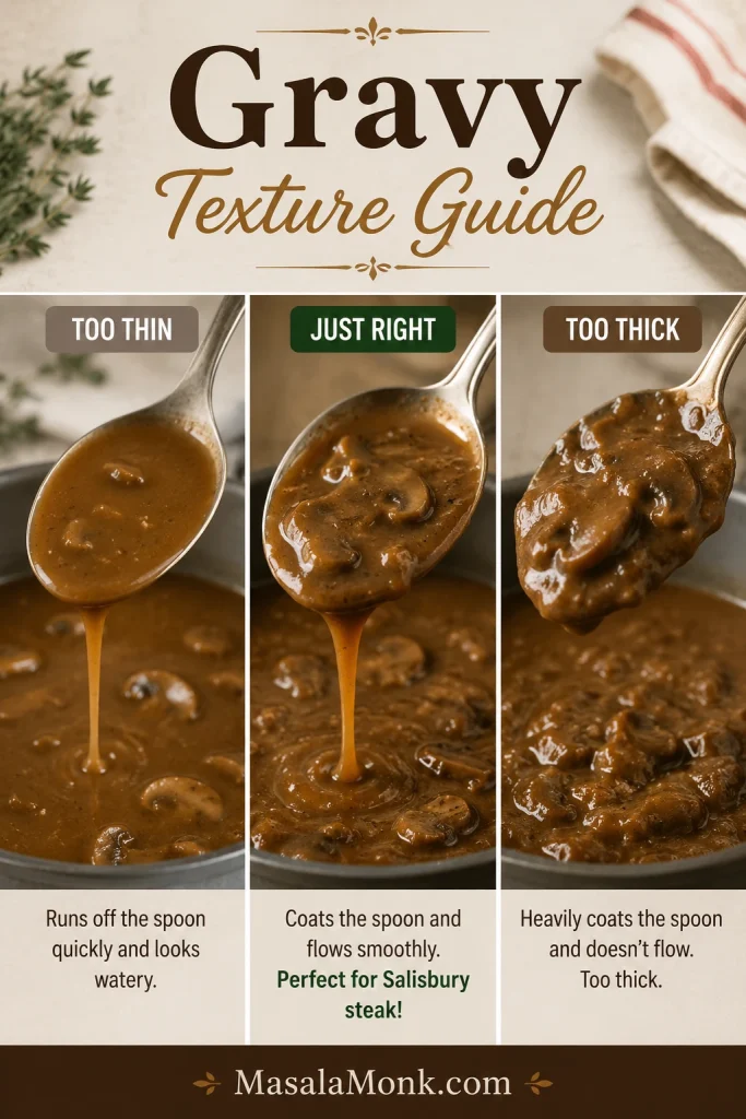Gravy texture guide showing thin gravy, spoonable gravy, and gravy that is too thick.