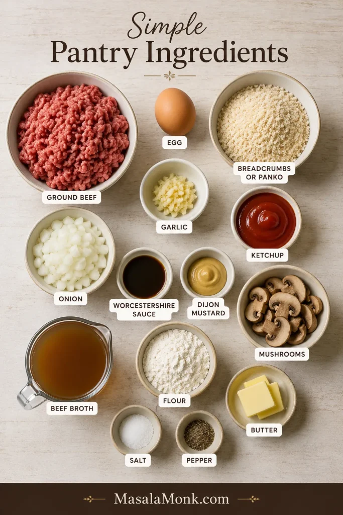 Ingredients for Salisbury steak including ground beef, egg, breadcrumbs, onion, mushrooms, broth, butter, flour, and seasonings.
