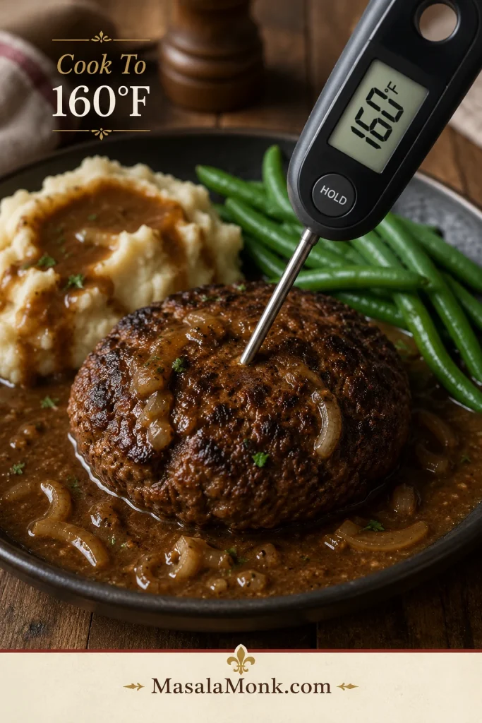Instant-read thermometer checking the center of a Salisbury steak patty.