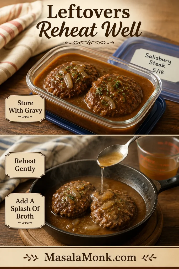 Salisbury steak leftovers stored with gravy and reheated in a skillet with broth.