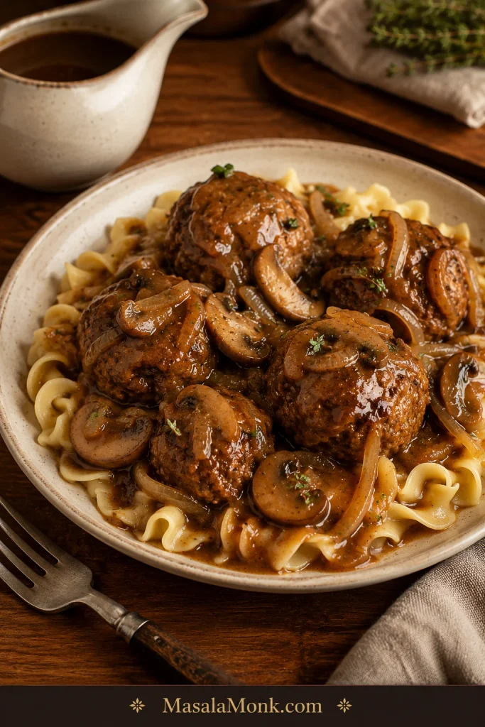 Salisbury steak meatballs in glossy mushroom onion brown gravy served over egg noodles in a cream bowl.