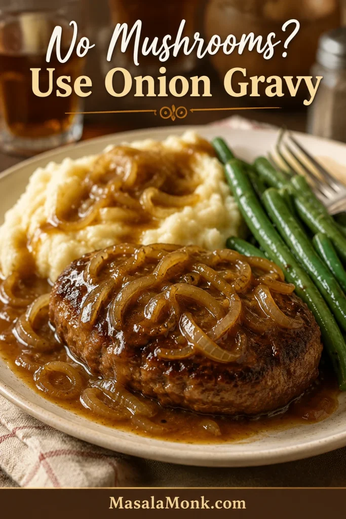 Salisbury steak with onion gravy, mashed potatoes, and green beans without mushrooms.