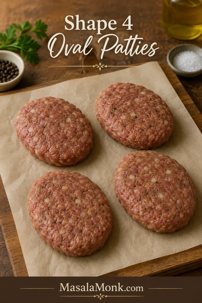 Four raw oval Salisbury steak patties shaped on parchment paper before cooking.