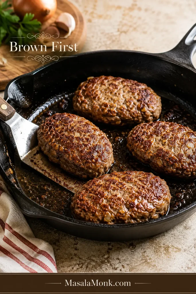 Salisbury steak patties browning in a skillet before gravy is added.