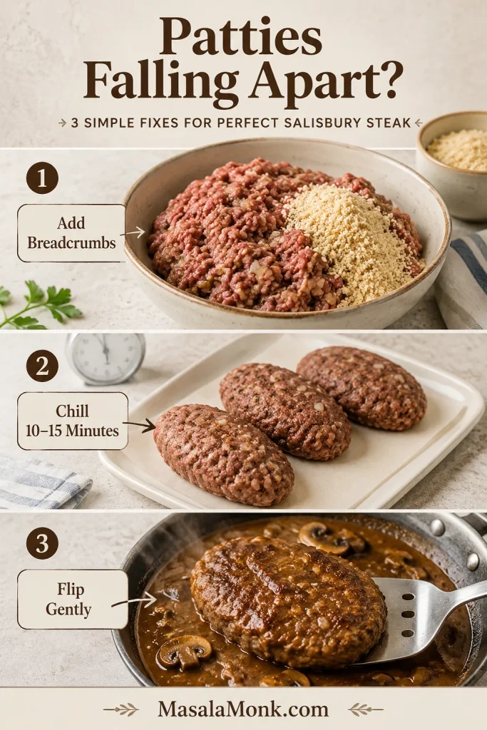 Troubleshooting guide showing how to fix Salisbury steak patties with breadcrumbs, chilling, and gentle flipping.