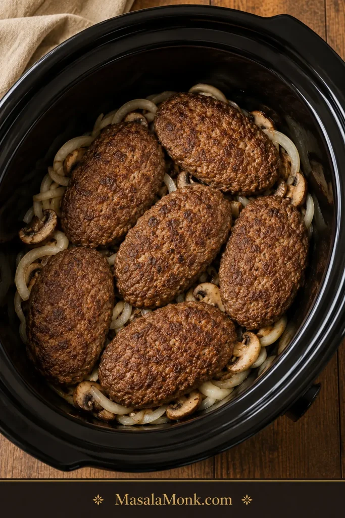 Browned oval Salisbury steak patties arranged over sliced onions and mushrooms in a slow cooker.