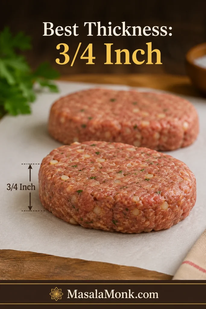 Side view of raw Salisbury steak patties showing about three quarter inch thickness.