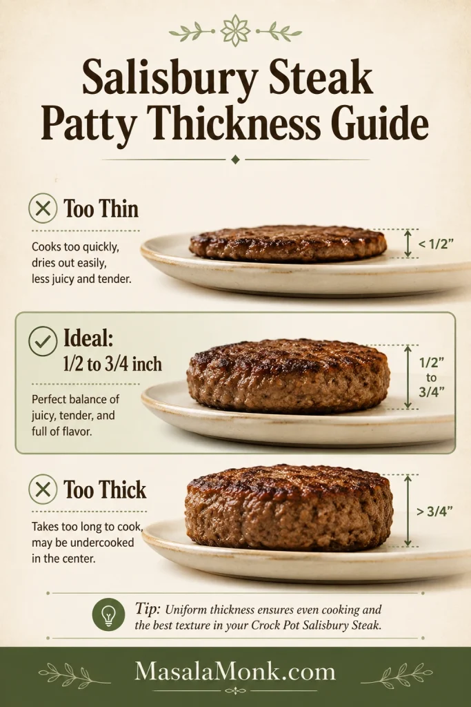 Salisbury steak patty thickness guide showing too-thin, ideal, and too-thick patties, with the ideal thickness labeled 1/2 to 3/4 inch.