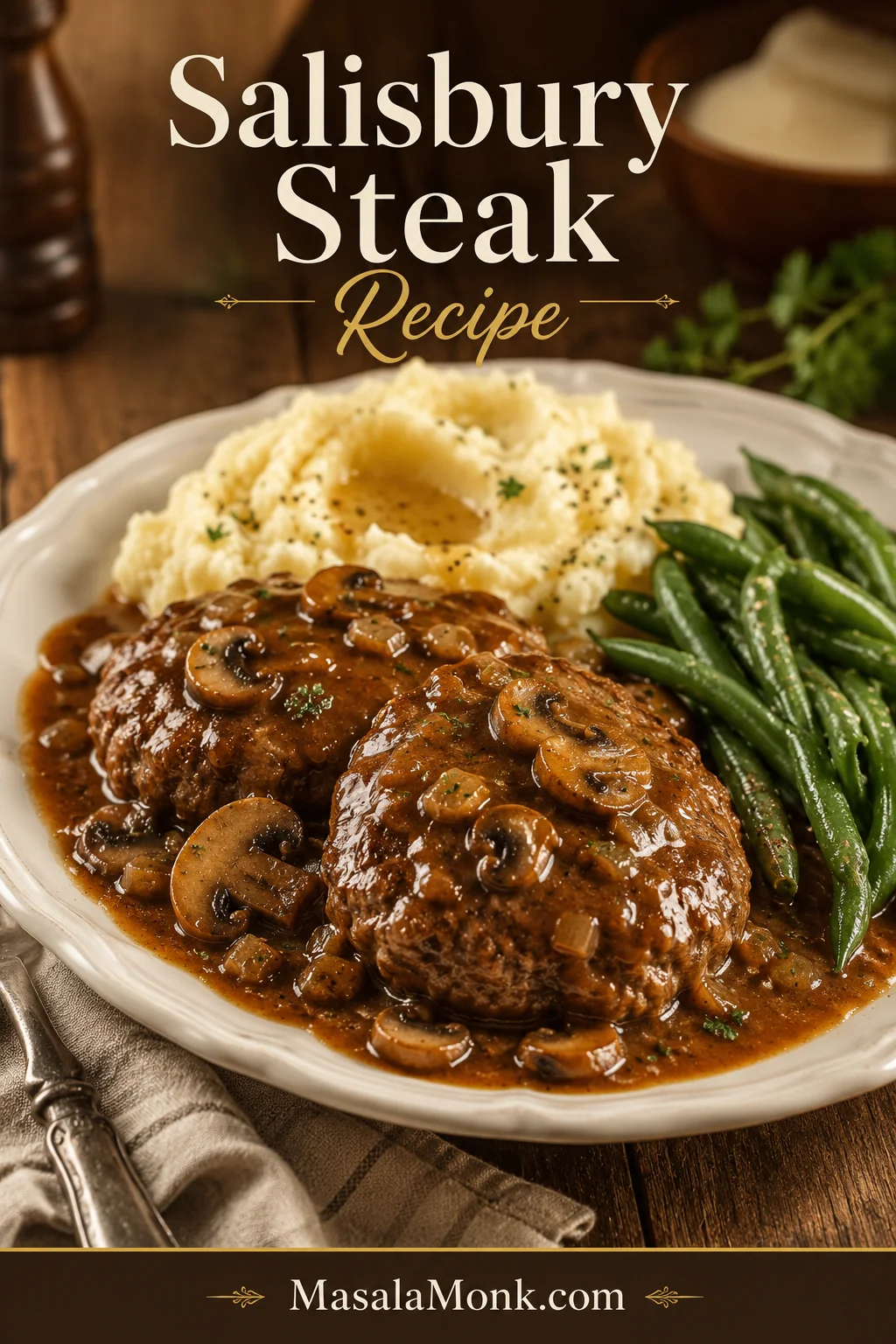 Salisbury steak patties with mushroom onion gravy, mashed potatoes, and green beans on a cream plate.