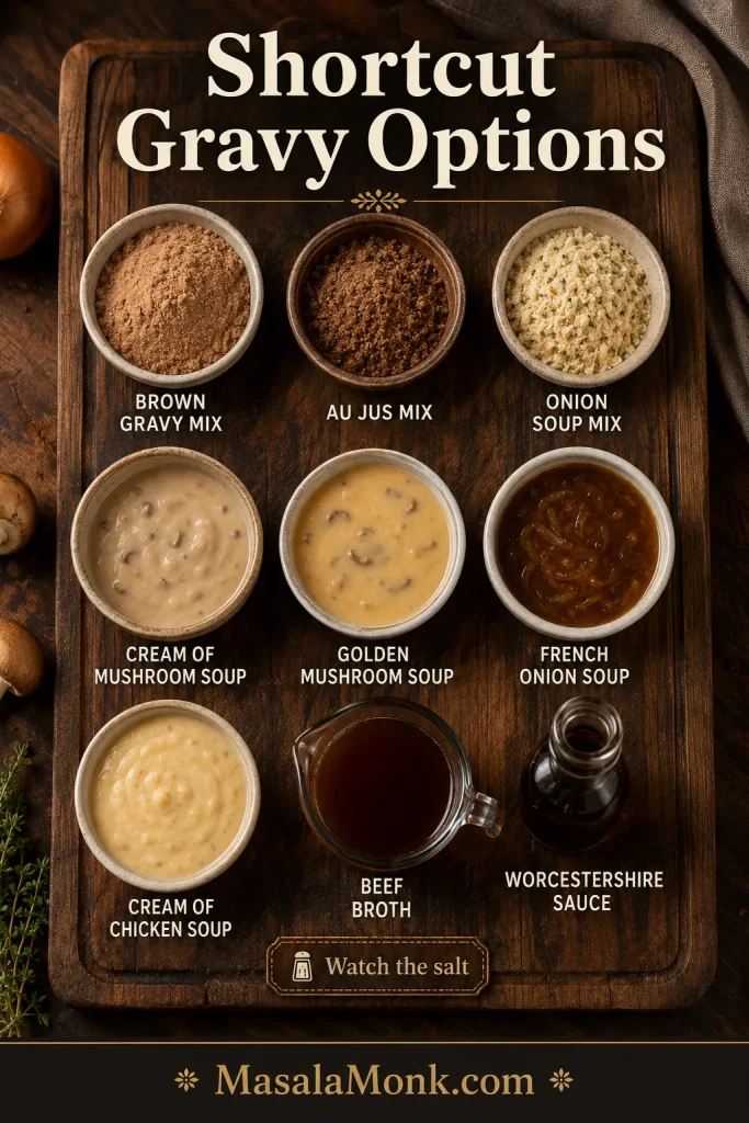 Shortcut gravy options board showing brown gravy mix, au jus mix, onion soup mix, cream of mushroom soup, golden mushroom soup, French onion soup, cream of chicken soup, beef broth, and Worcestershire sauce.