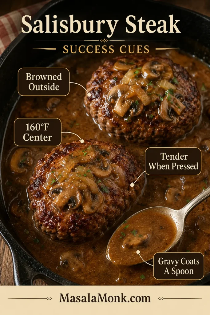 Salisbury steak success check showing browned patties, gravy, and cooking cues.