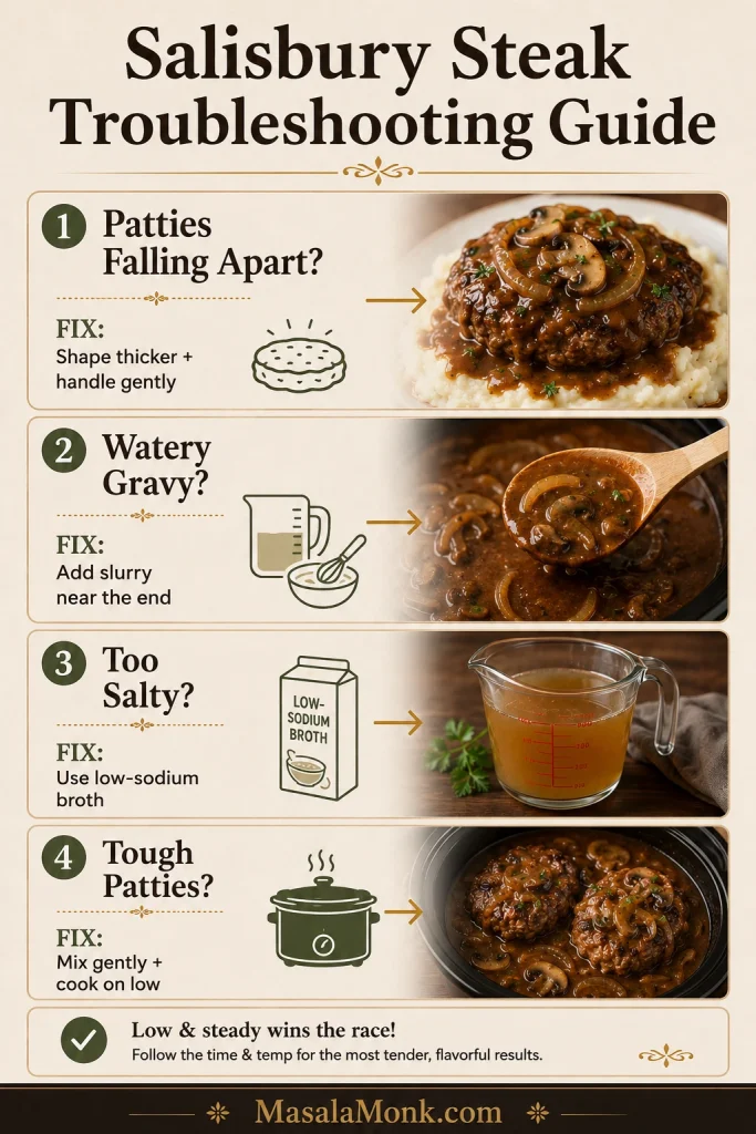 Troubleshooting guide for Salisbury steak with fixes for patties falling apart, watery gravy, salty gravy, and tough patties.
