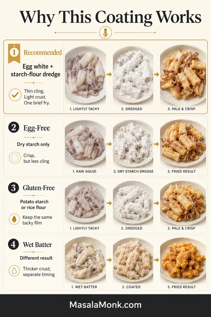 Comparison board showing egg-white starch coating, dry starch coating, gluten-free coating and wet batter for squid.